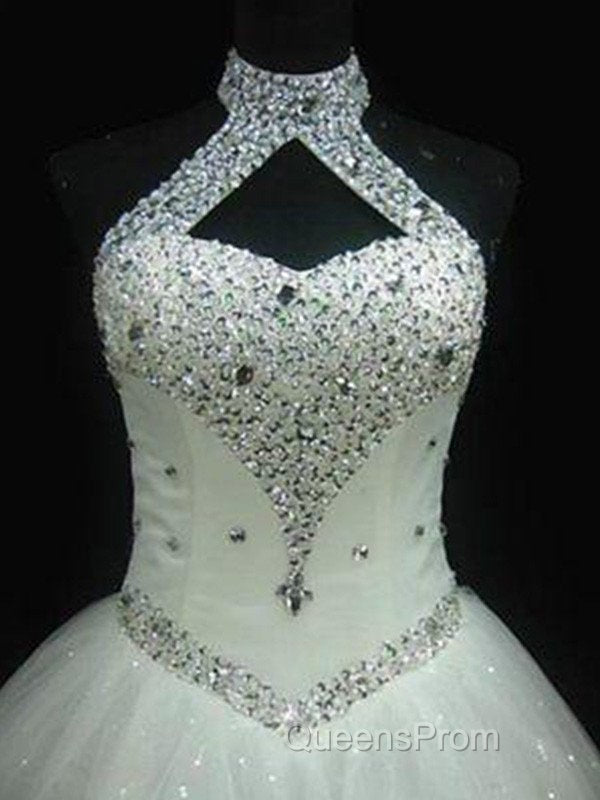 Sequin Ball Gown Sleeveless Floor Length Beading Tulle Halter Wedding Dress