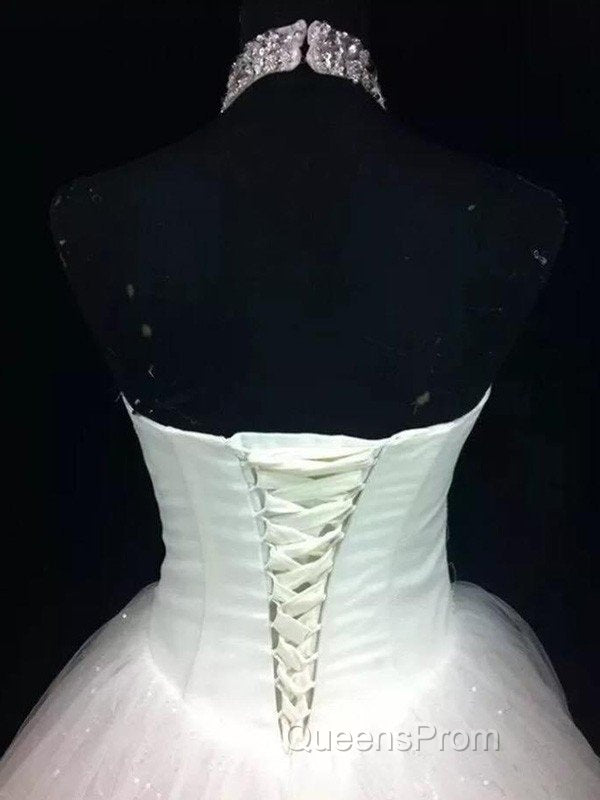 Sequin Ball Gown Sleeveless Floor Length Beading Tulle Halter Wedding Dress