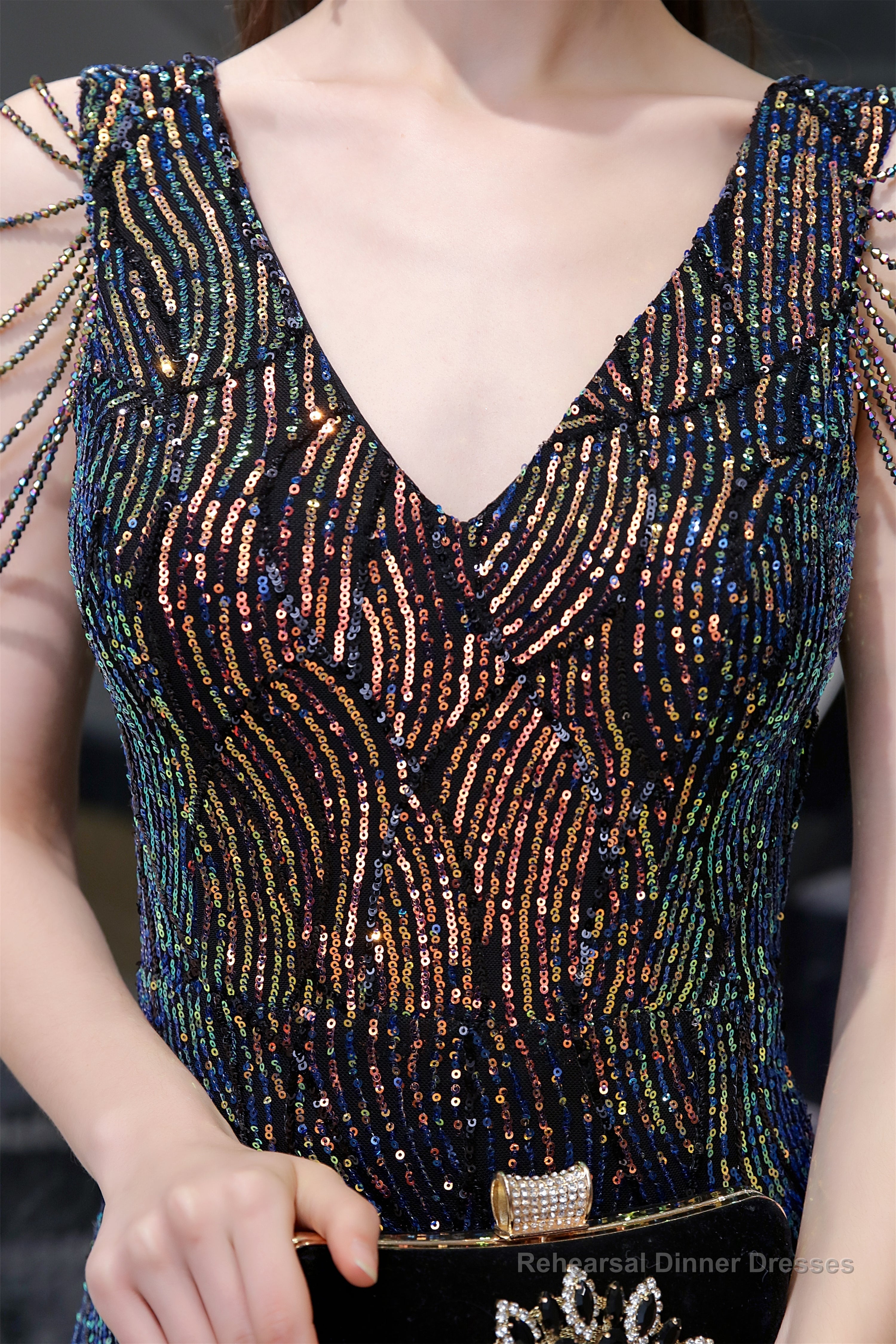 Sequin Beading Mermaid Lace V-neck Prom Dresses