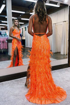 Sequin Lace V Neck Mermaid Prom Dresses with Slit