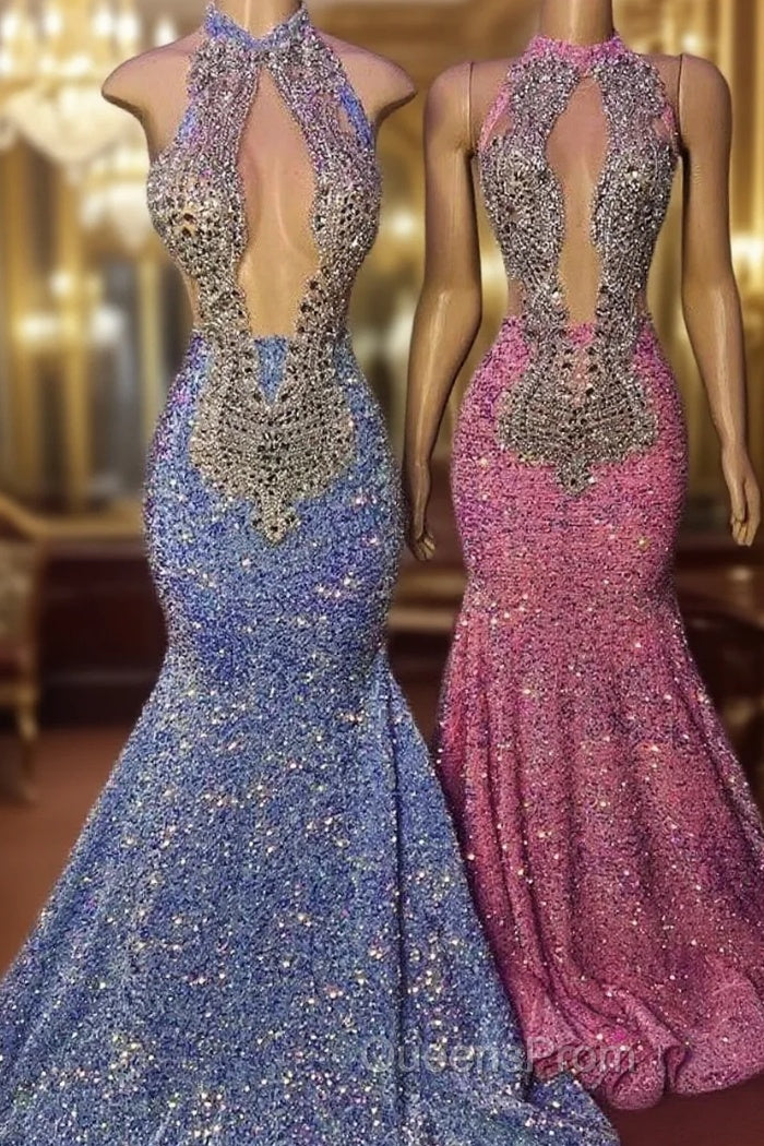 Sequin Mermaid Pink High Neck Crystals Evening Prom Dress