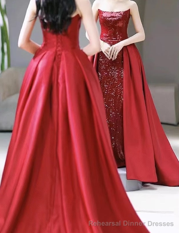 Sequin Mermaid Strapless Sleeveless Party Dress Red Long Prom Dresses