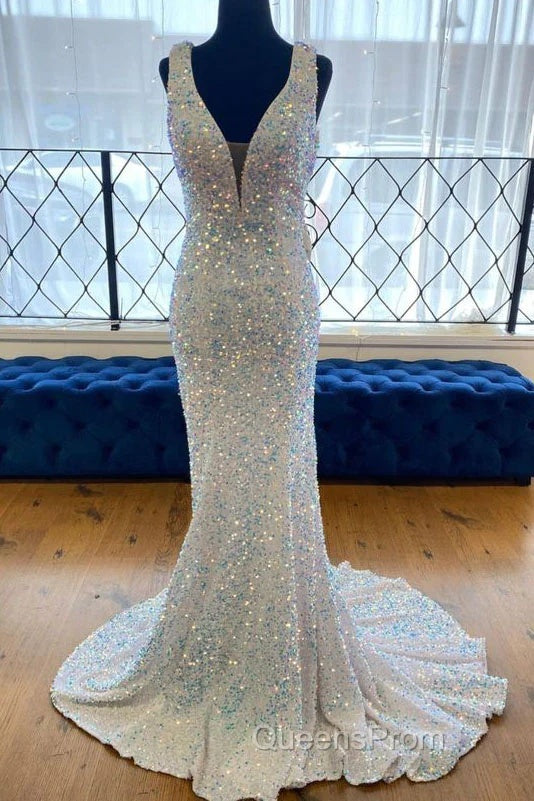 Sequin White Iridescent Formal Dress Cheap V Neck Sleeveless Evening Prom Dress Uk