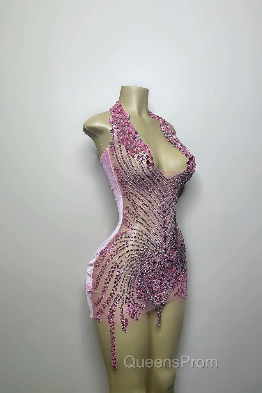 Sequined Mermaid Halter Jersey Beading Sleeveless Mini Rhinestone Party Dress With Feather Secondary image