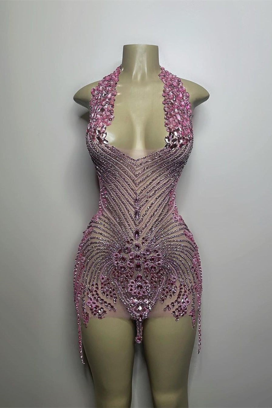 Sequined Mermaid Halter Jersey Beading Sleeveless Mini Rhinestone Party Dress With Feather Main image