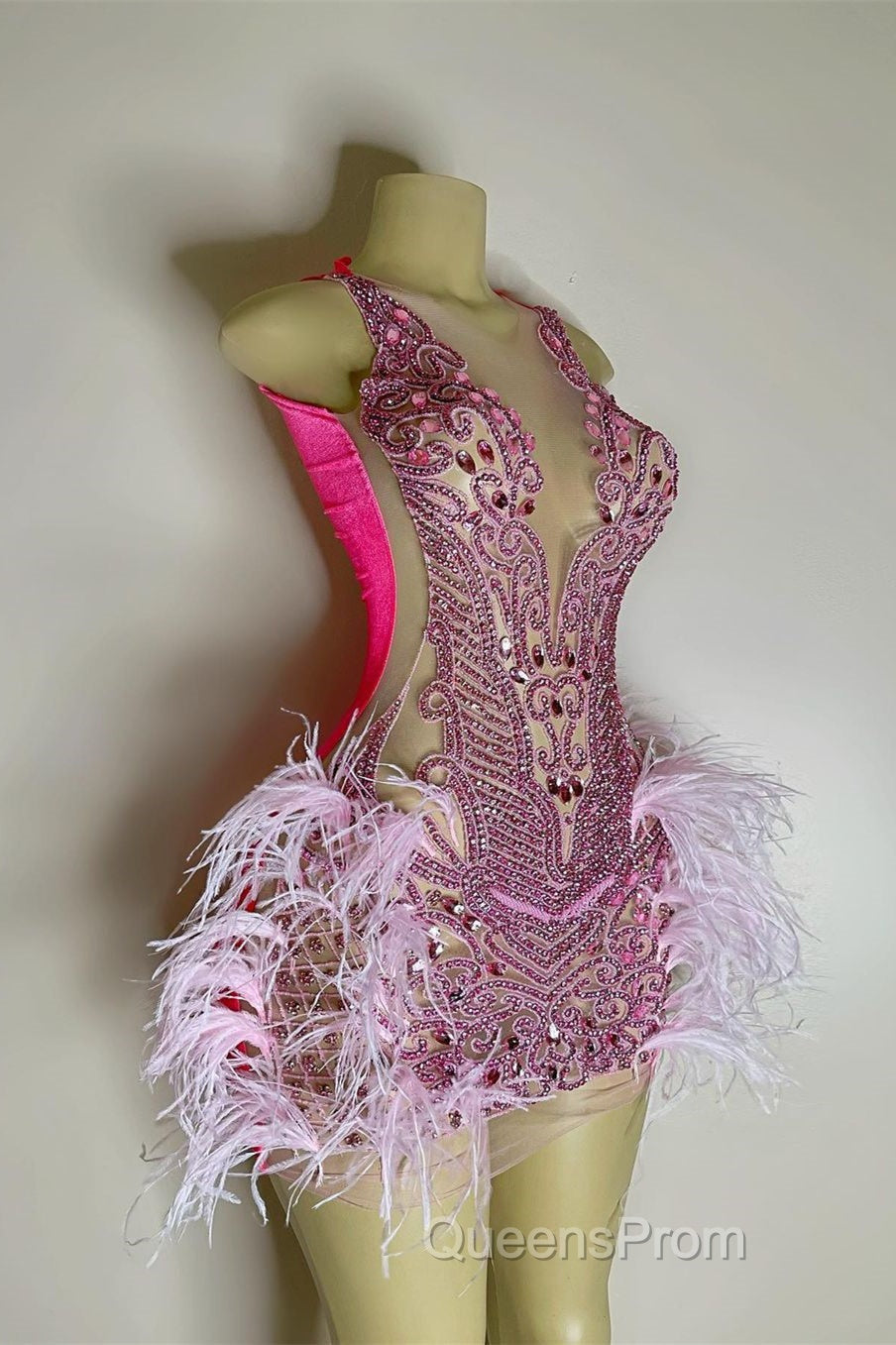 Sequined Mermaid Jewel Jersey Beading Sleeveless Mini Rhinestone Party Dress With Feather Secondary image