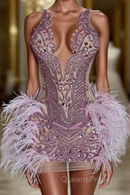 Sequined Mermaid Jewel Jersey Beading Sleeveless Mini Rhinestone Party Dress With Feather