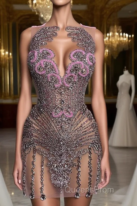 Sequined Mermaid Jewel Jersey Beading Sleeveless Mini Rhinestone Party Dress