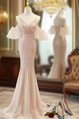 Sequins And Tulle Mermaid Long Party Dress Evening Prom Dress, Off Shoulder Formal Dress