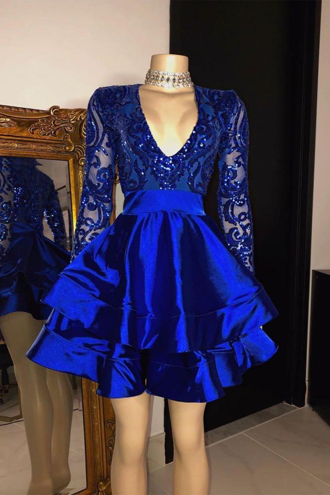 Sequins Appliques Long Sleevess V-Neck Layers Short Homecoming Dresses Secondary image