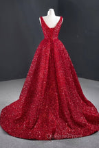 Sequins Asymmetrical Red Evening Dress Sleeveless Deep-V Evening Prom Formal Dress