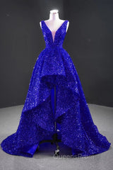 Sequins Asymmetrical Red Evening Dress Sleeveless Deep-V Evening Prom Formal Dress