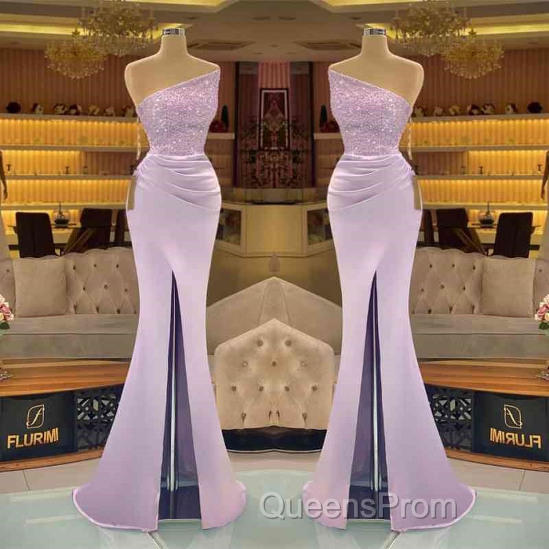 Sequins Formal Dress Light Purple Mermaid Evening Prom Dress Long Slit Strapless