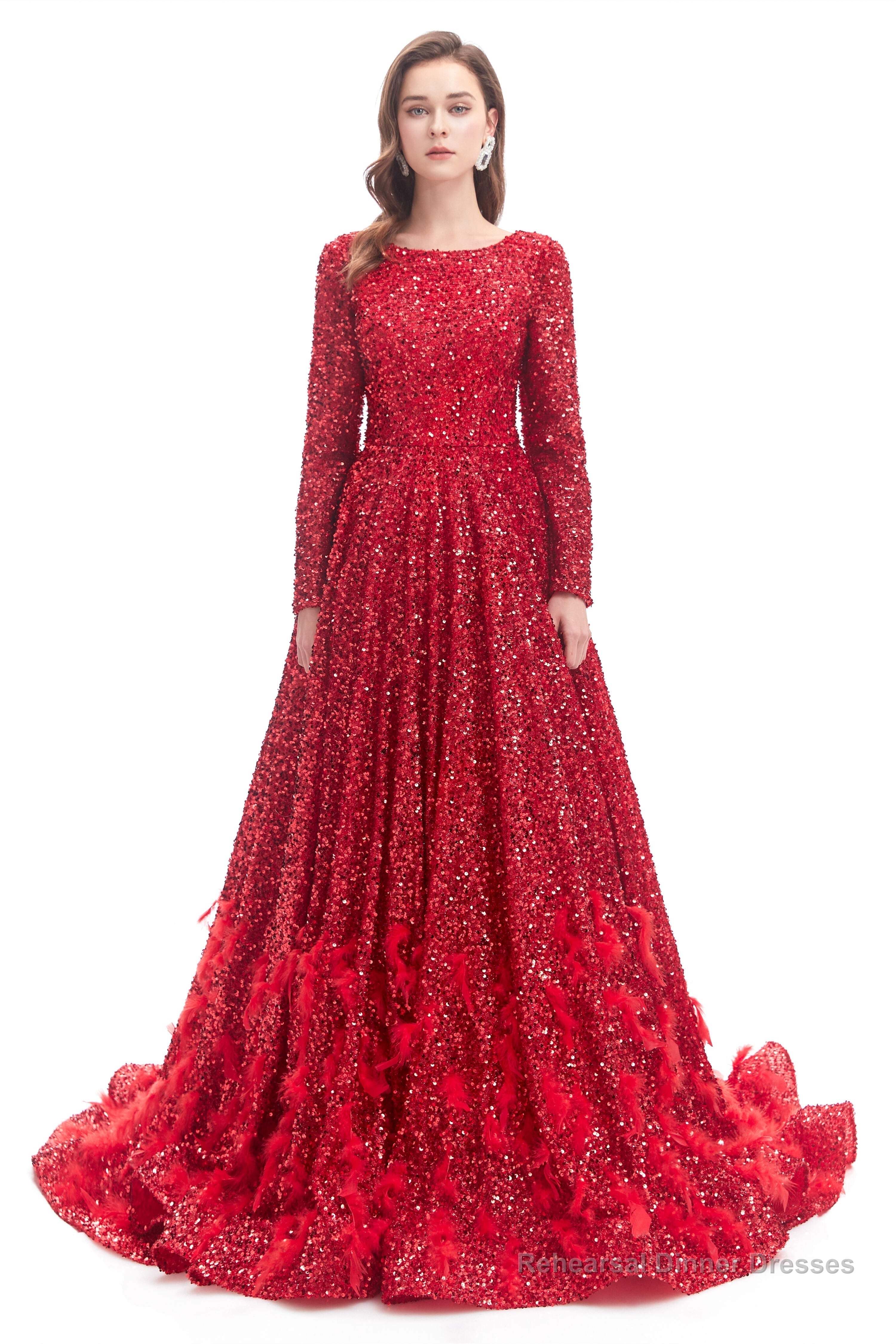 Sequins Long Sleeve Feather A-line Floor Length Prom Dresses Main image