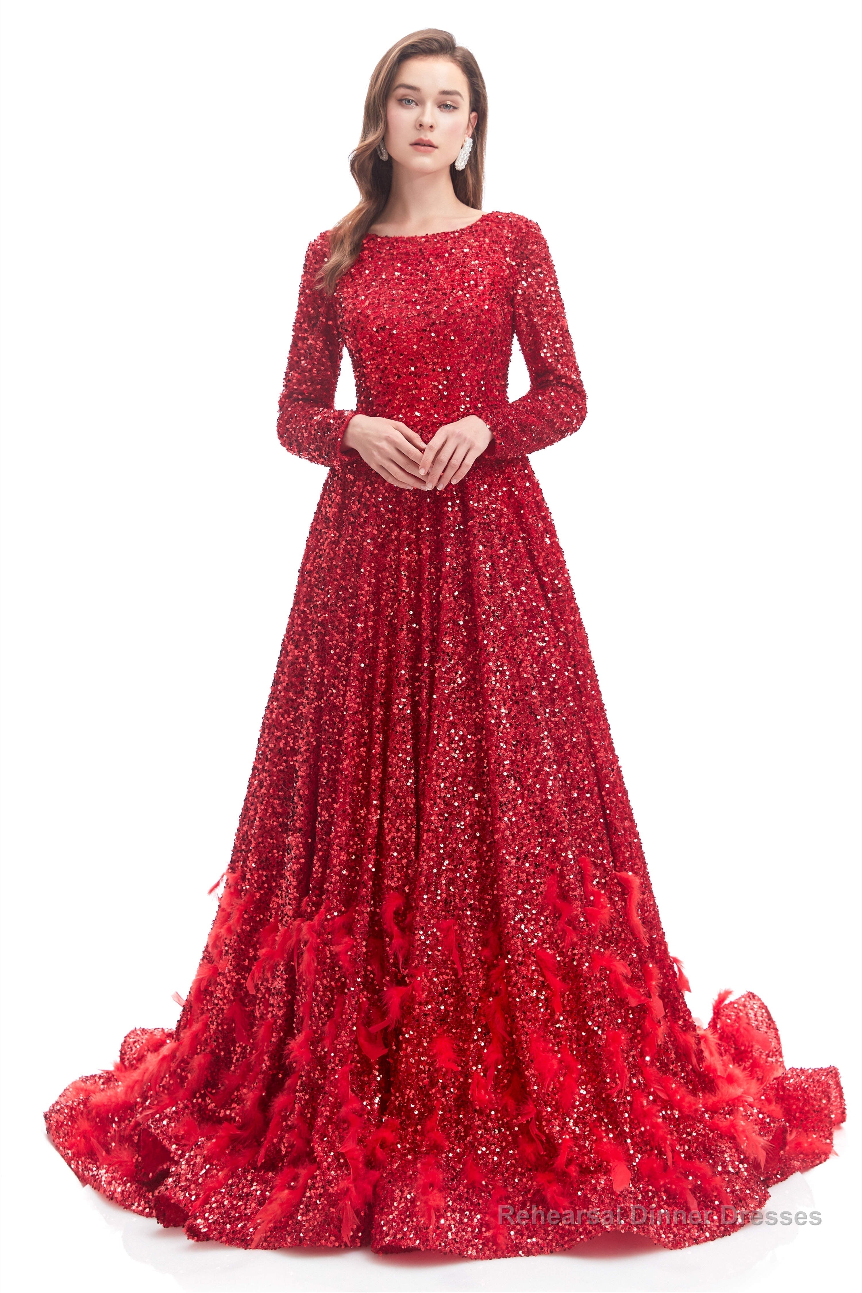 Sequins Long Sleeve Feather A-line Floor Length Prom Dresses Secondary image
