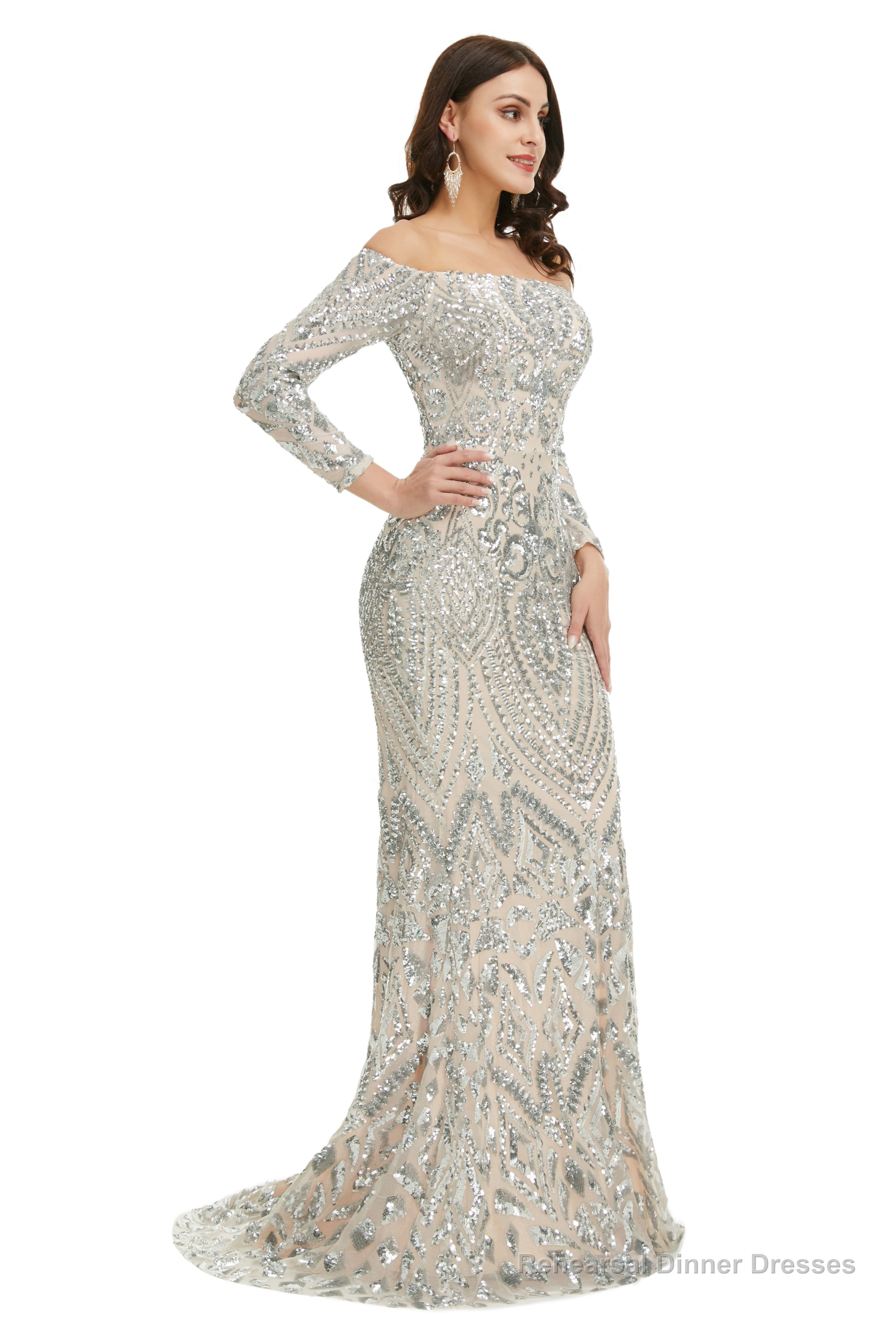 Sequins Mermaid Long Sleeves Off the Shoulder Evening Dresses