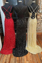 Sequins Queen Anne Lace-Up Long Classy Prom Dress With Slit