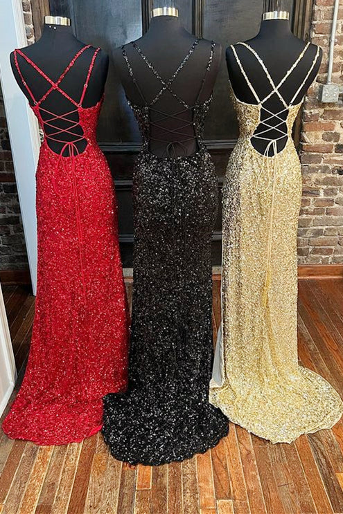 Sequins Queen Anne Lace-Up Long Classy Prom Dress With Slit