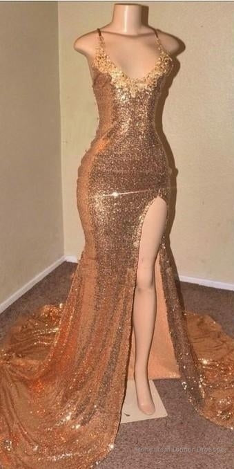 Sequins Sleeveless Front Slit Floor Length Mermaid Dresses
