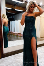 Sequins Spaghetti Straps Sheath Burgundy Prom Dress with Slit