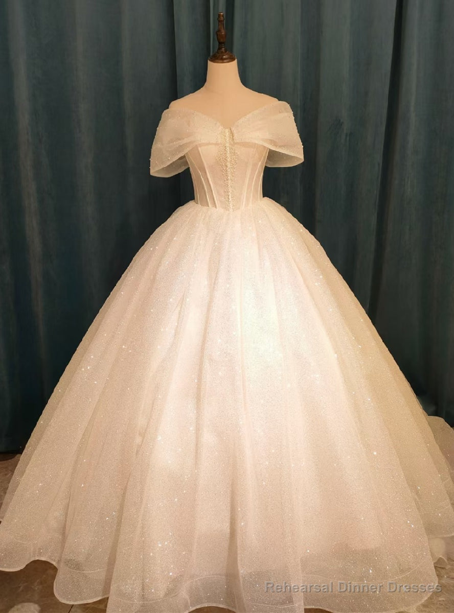 Sequins Tulle Off the Shoulder Pearls Wedding Dress Main image