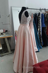 Sequins V-Neck Floor Length Satin Evening Prom Dress