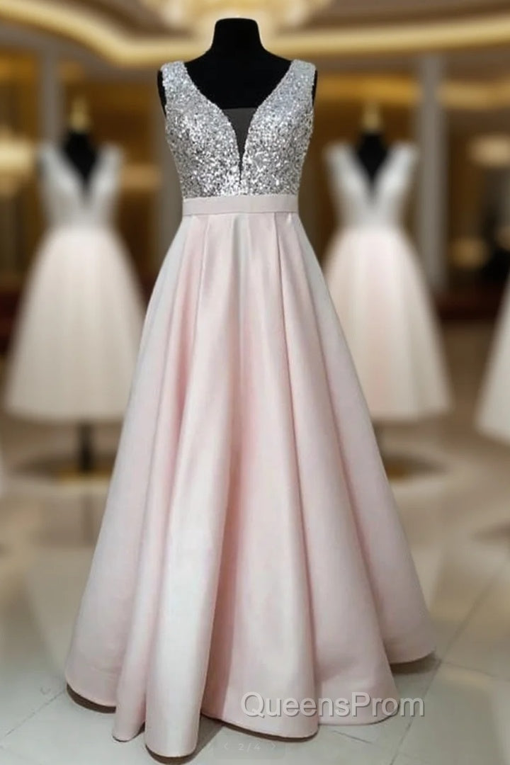 Sequins V-Neck Floor Length Satin Evening Prom Dress Main image