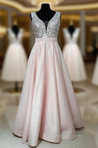 Sequins V-Neck Floor Length Satin Evening Prom Dress