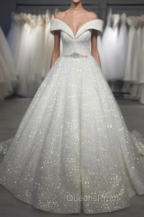 Sequins Wedding Dress Off The Shoulder Crystal Belt