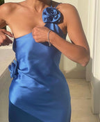 Sexy A Line Backless Royal Blue Satin Classy Prom Dress