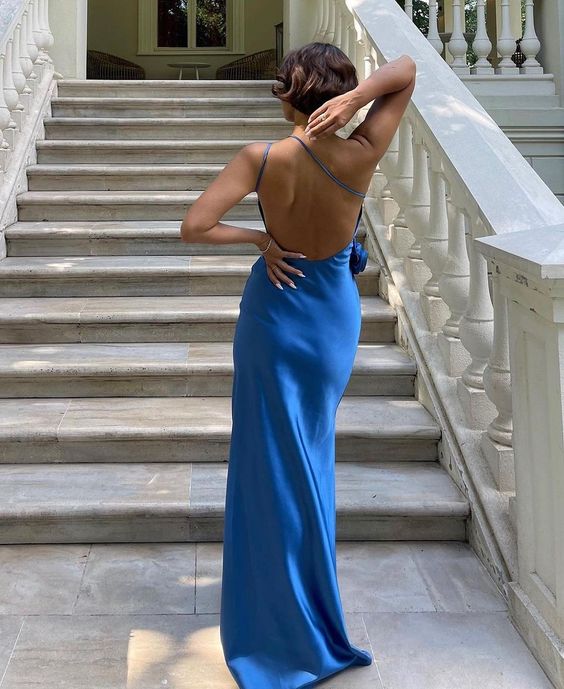 Sexy A Line Backless Royal Blue Satin Classy Prom Dress