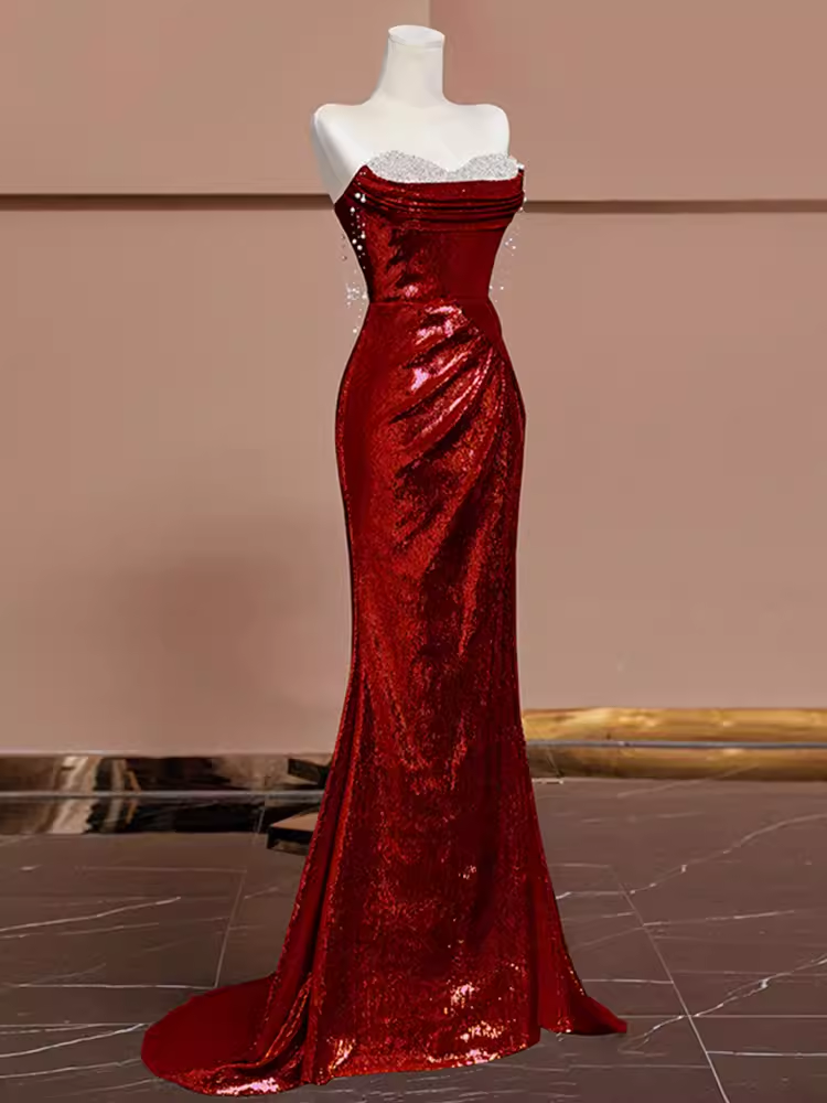 Sexy Mermaid Burgundy Sequin Long Classy Prom Dress Secondary image