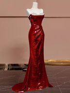 Sexy Mermaid Burgundy Sequin Long Classy Prom Dress