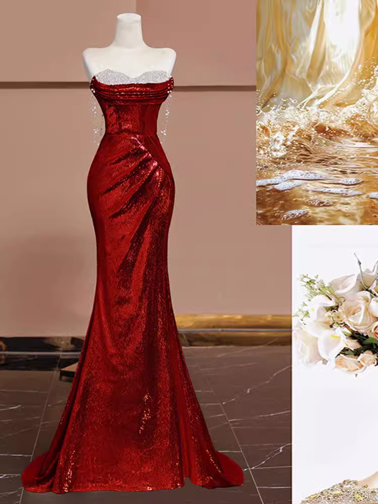 Sexy Mermaid Burgundy Sequin Long Classy Prom Dress