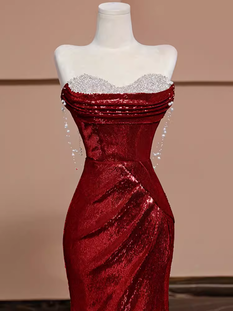 Sexy Mermaid Burgundy Sequin Long Classy Prom Dress