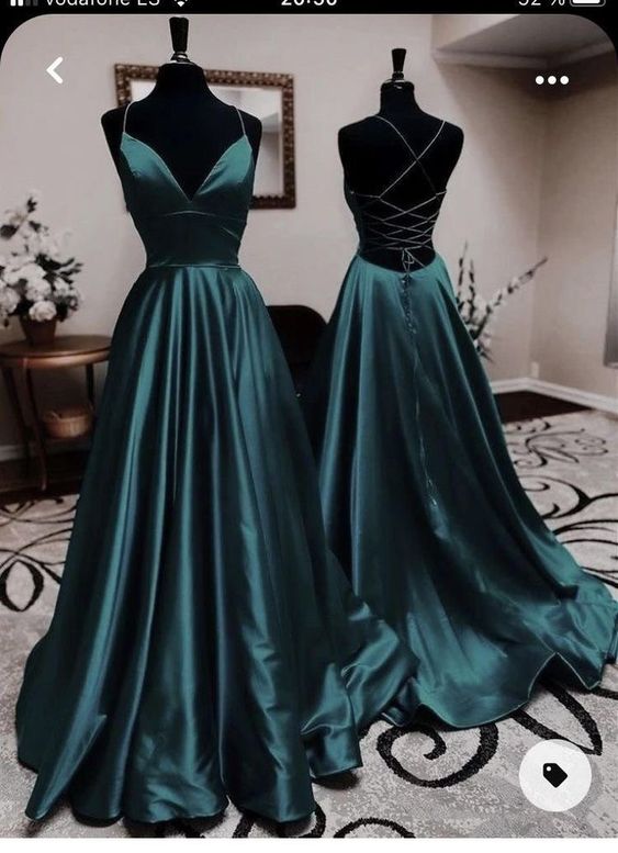 Sexy A Line Dark Green Satin Backless Classy Prom Dress 21Th Birthday Outfit