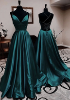Sexy A Line Dark Green Satin Backless Classy Prom Dress 21Th Birthday Outfit