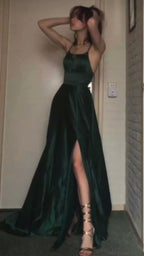 Sexy A Line Halter Dark Green Satin Long Classy Evening Gowns Classy Prom Dress
