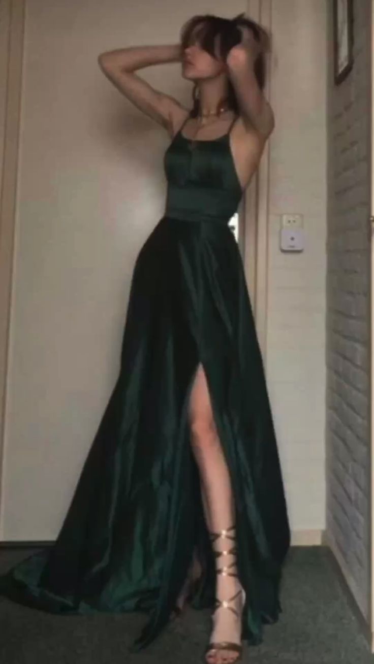 Sexy A Line Halter Dark Green Satin Long Classy Evening Gowns Classy Prom Dress
