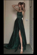 Sexy A Line Halter Dark Green Satin Long Classy Evening Gowns Classy Prom Dress