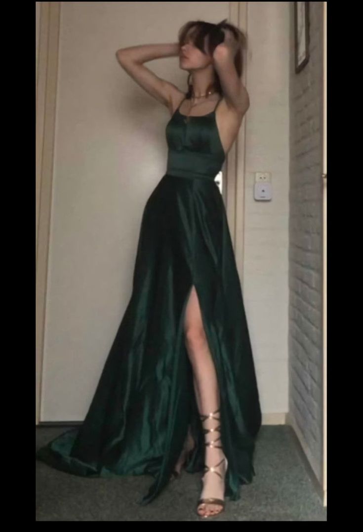 Sexy A Line Halter Dark Green Satin Long Classy Evening Gowns Classy Prom Dress