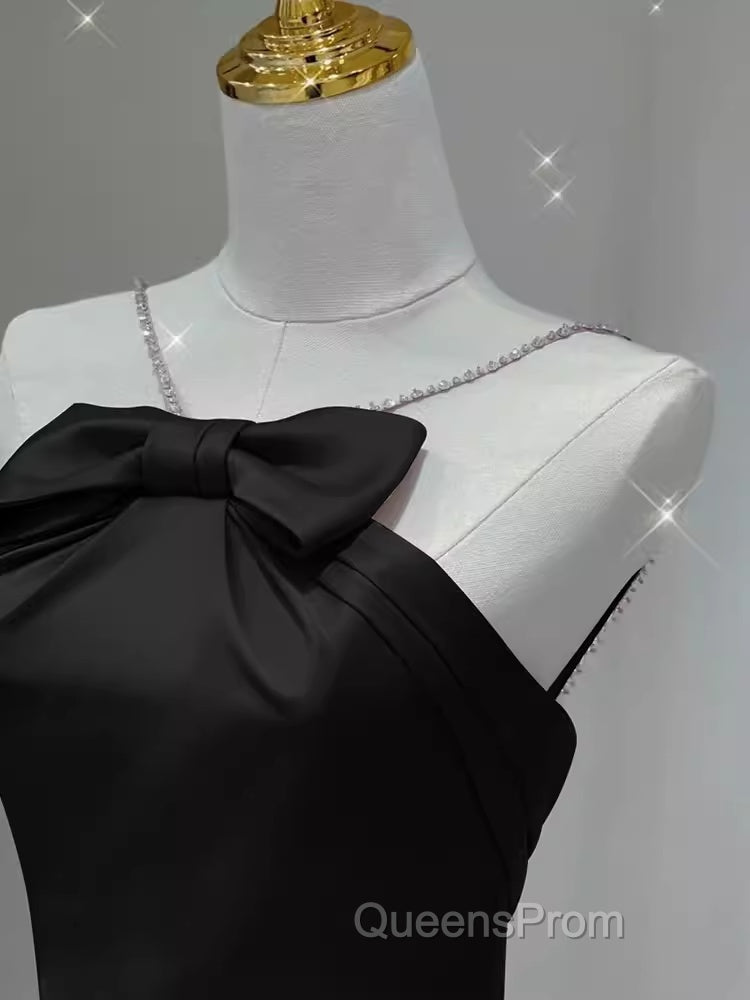 Sexy A Line Halter Long Black Satin Evening Prom Dress
