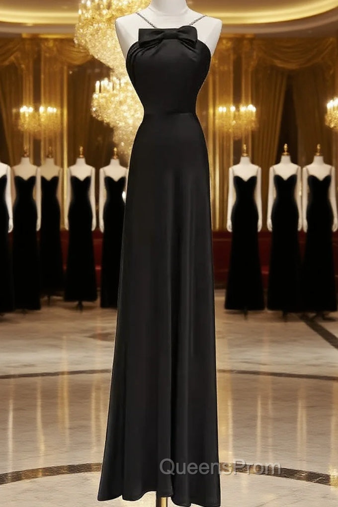 Sexy A Line Halter Long Black Satin Evening Prom Dress Main image