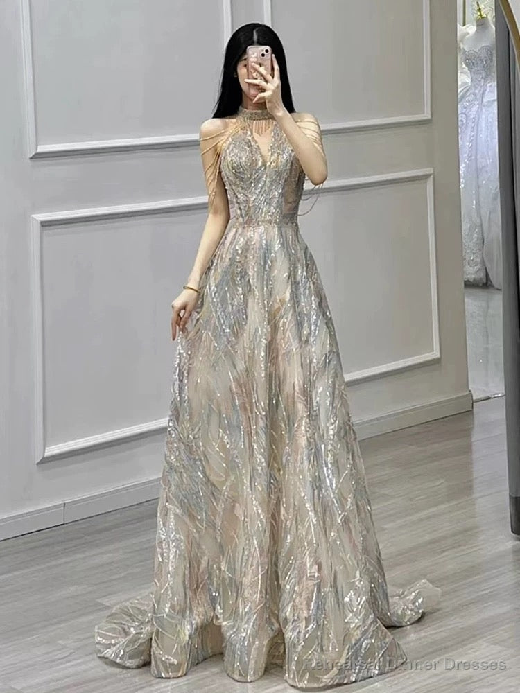 Sexy A Line High Neckline Sequin Long Evening Dress Prom Dresses