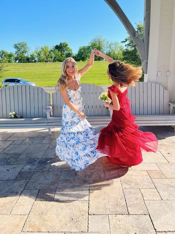 Sexy A Line Long Blue Floral Classy Prom Dress Blue And White Party Dress Secondary image
