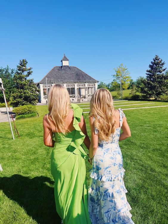 Sexy A Line Long Blue Floral Classy Prom Dress Blue And White Party Dress