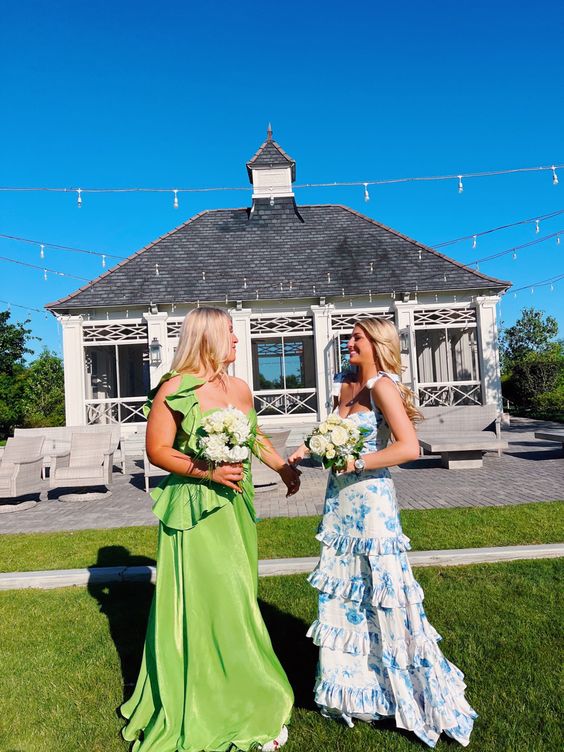 Sexy A Line Long Blue Floral Classy Prom Dress Blue And White Party Dress