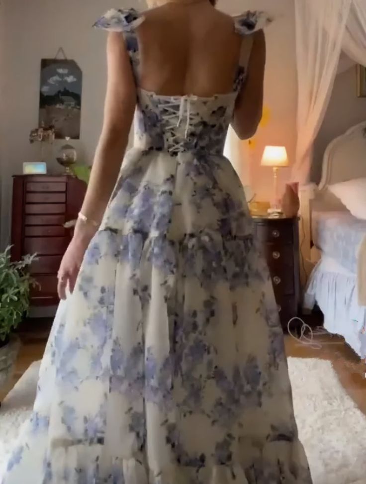 Sexy A Line Long Blue Floral Classy Prom Dress Blue And White Party Dress
