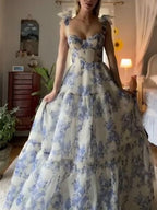 Sexy A Line Long Blue Floral Classy Prom Dress Blue And White Party Dress
