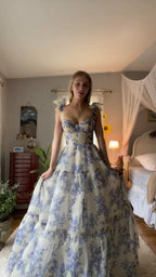 Sexy A Line Long Blue Floral Classy Prom Dress Blue And White Party Dress